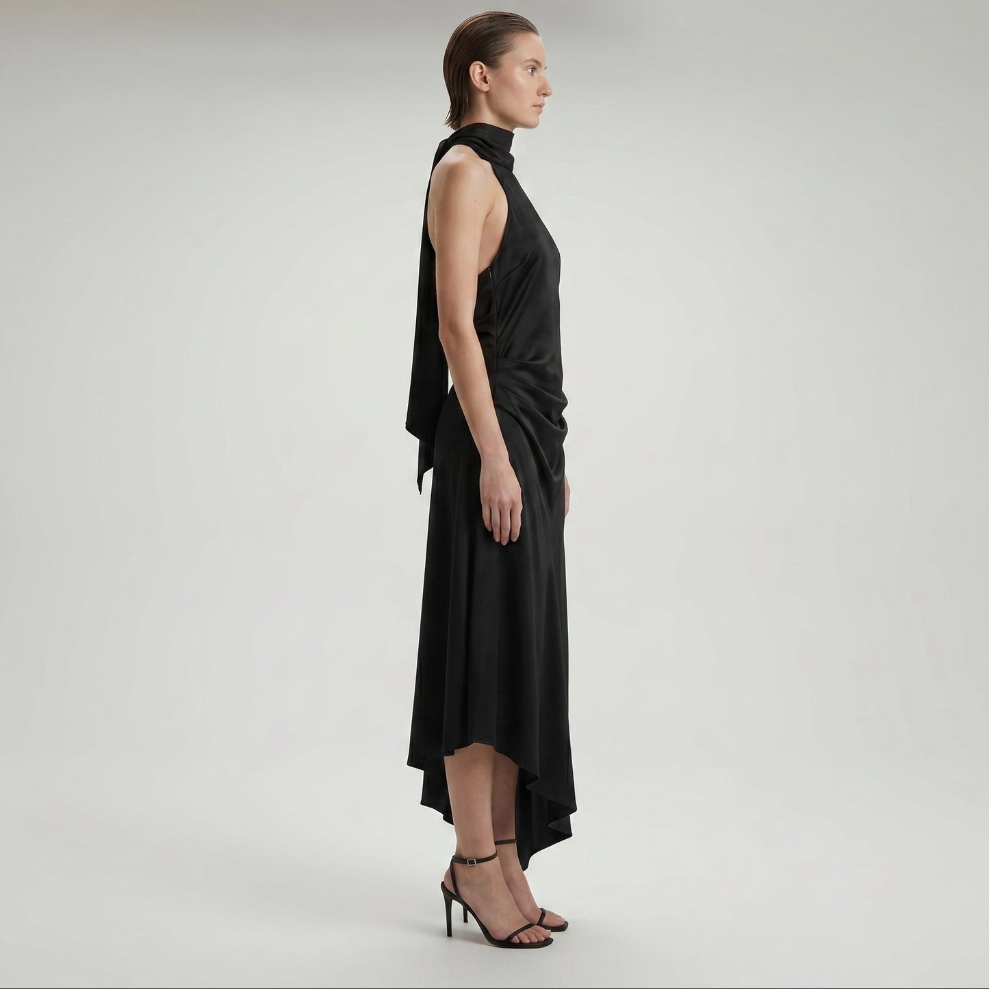Asymmetric Drape High-Neck Dress