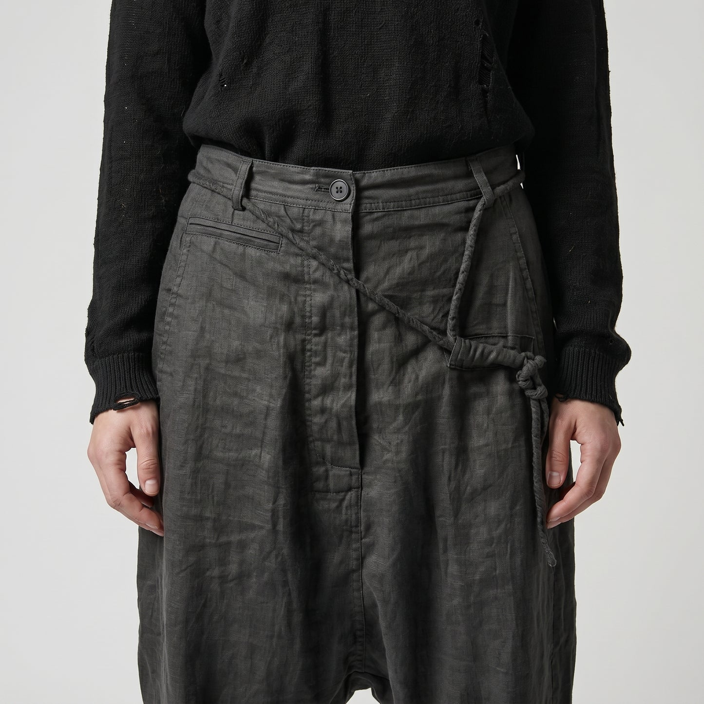 Black Drop-Crotch Linen Trousers