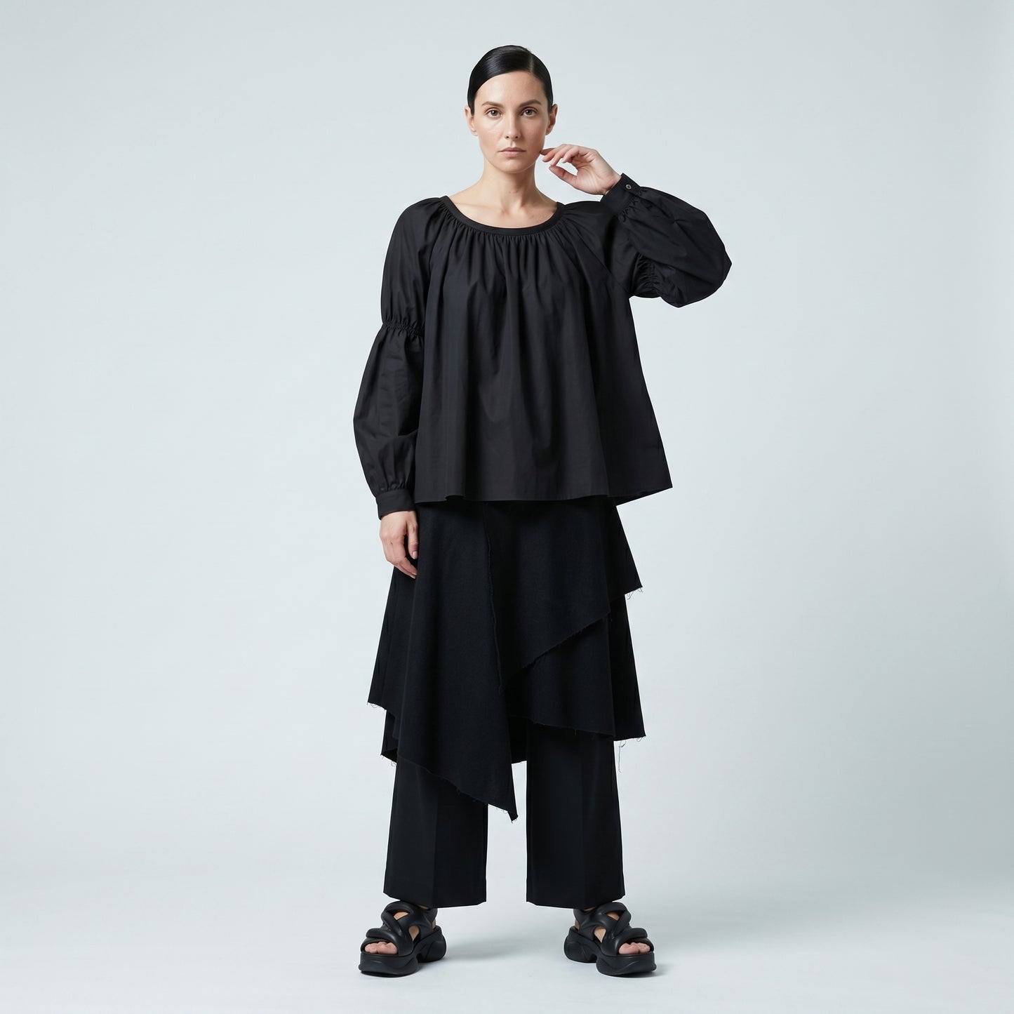 Black Gathered Balloon Sleeve Blouse