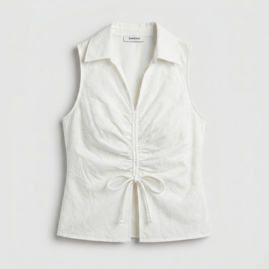 Ruched Collared Sleeveless Blouse