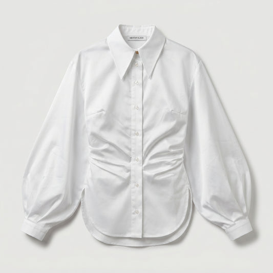 Ruched Balloon Sleeve Cotton Shirt