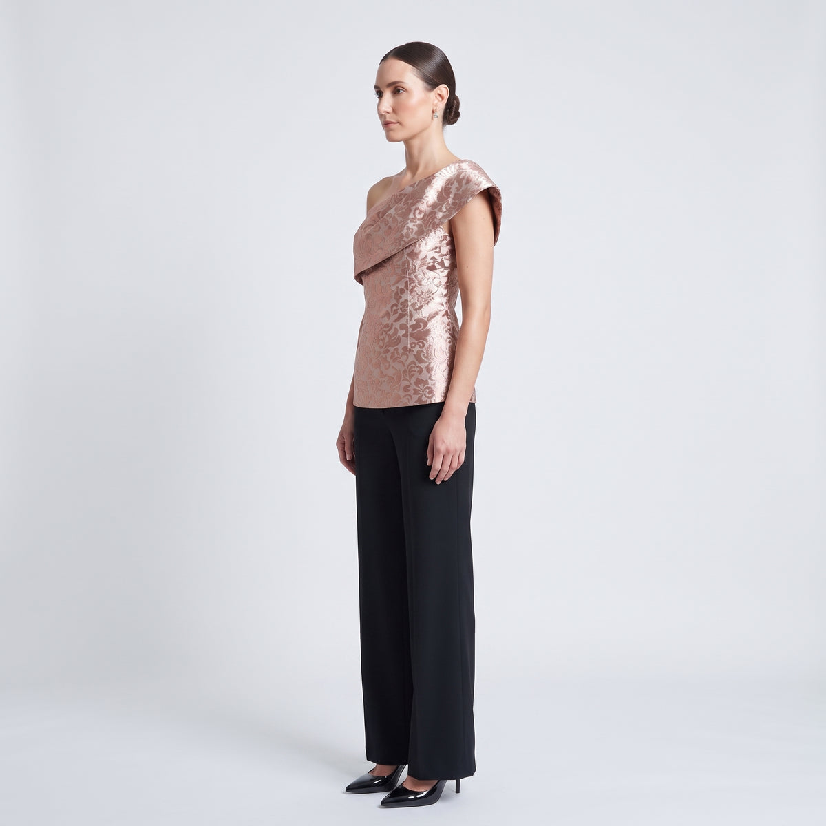 Metallic Brocade One-Shoulder Top