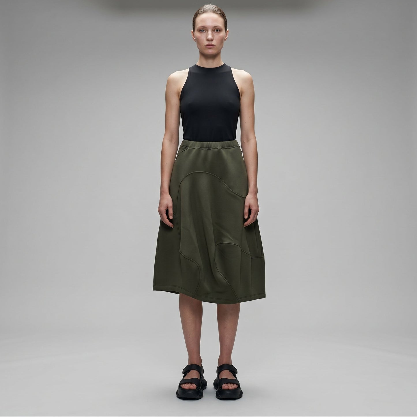 Sculptural Olive Midi Skirt