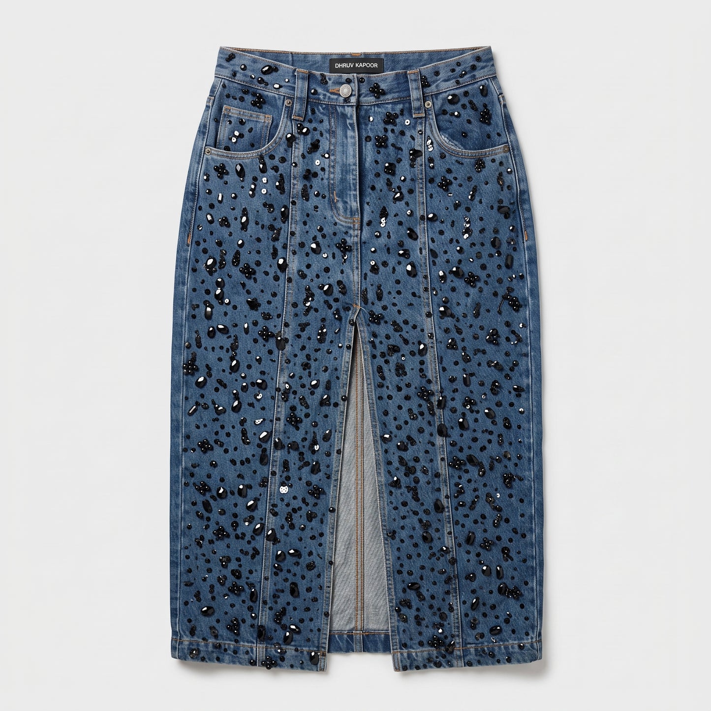 Embellished Front-Slit Denim Midi Skirt