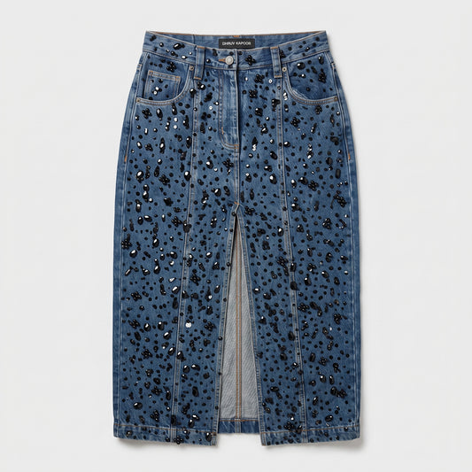 Embellished Front-Slit Denim Midi Skirt