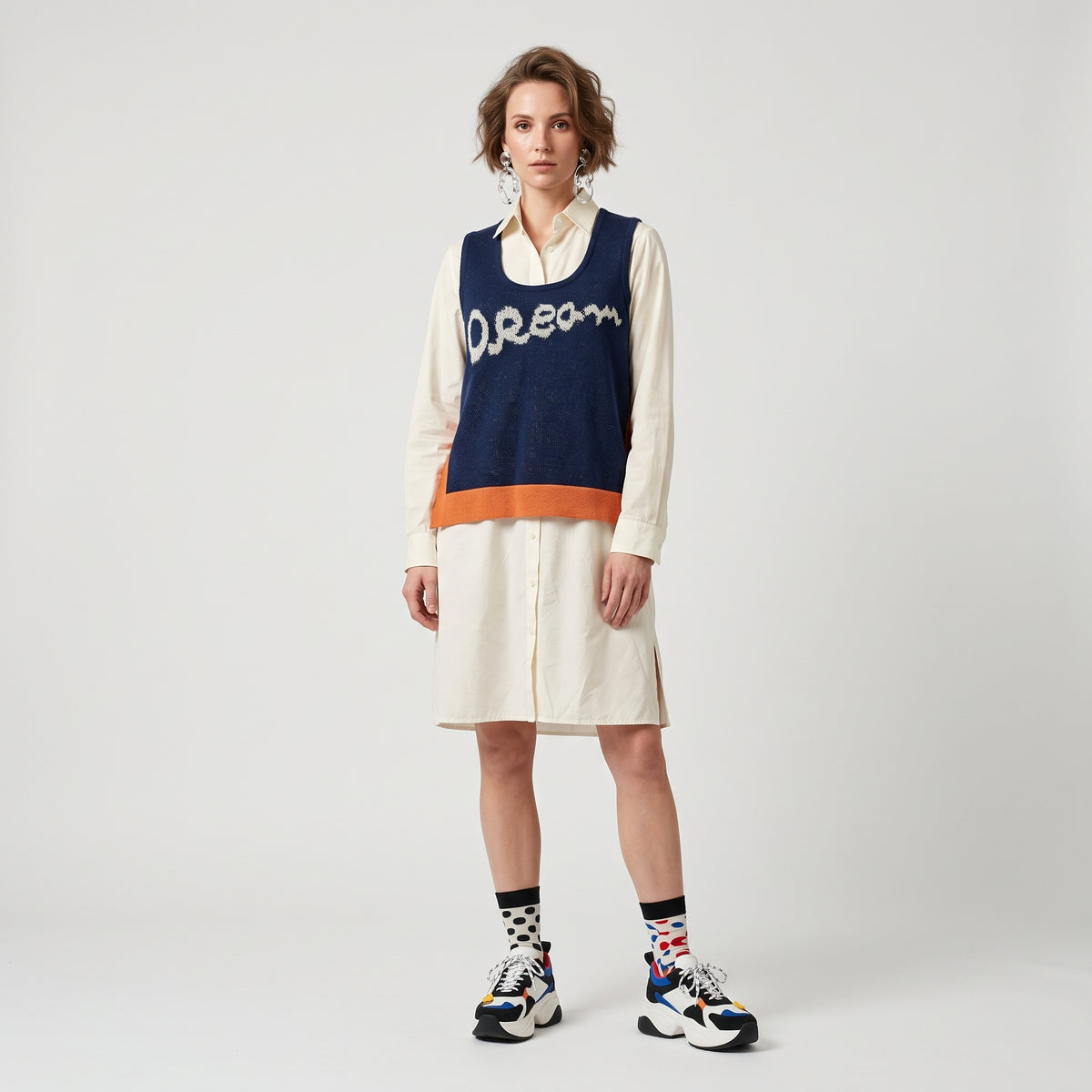 Layered Knit Vest Shirt Dress
