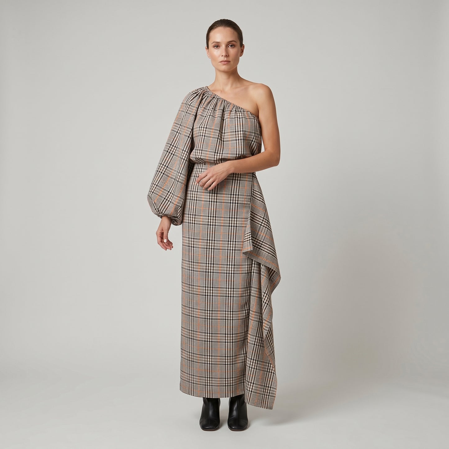 Draped Plaid Midi Skirt