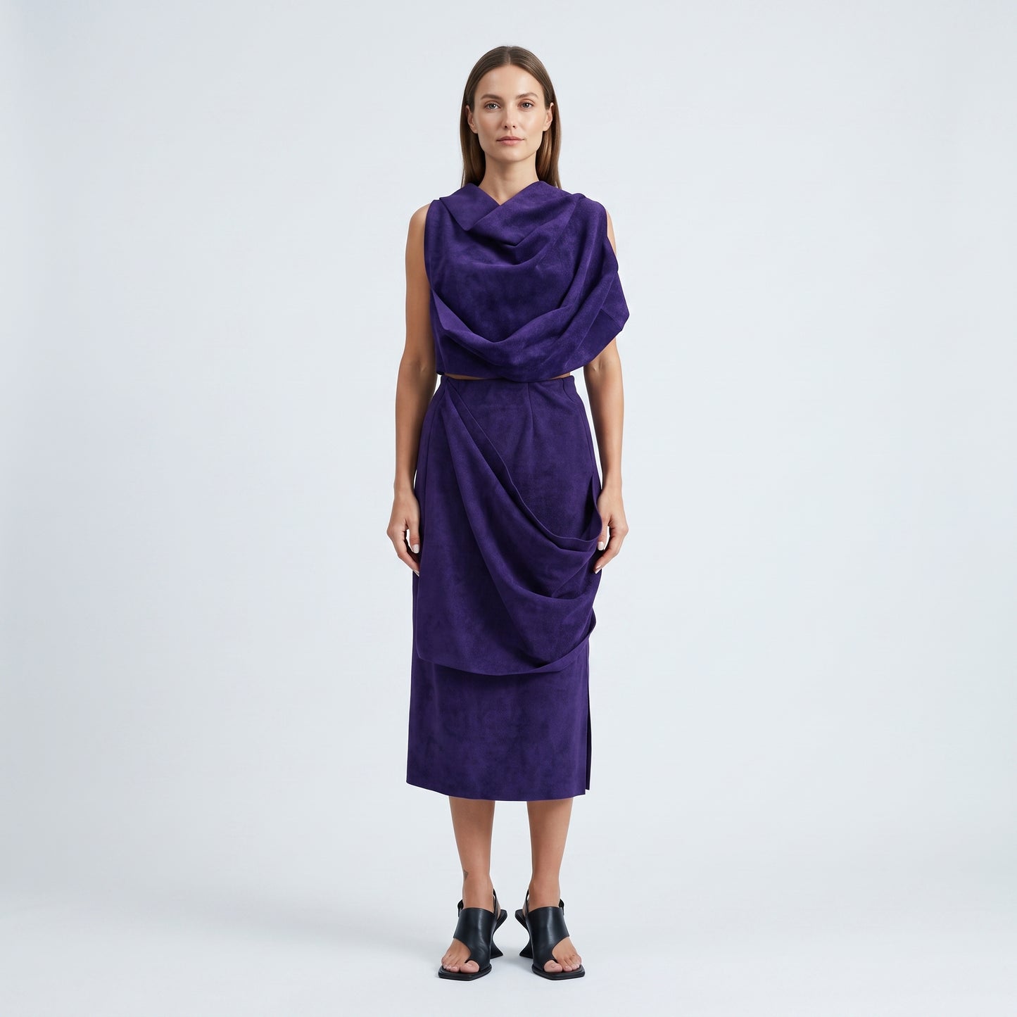Draped Purple Suede Midi Skirt