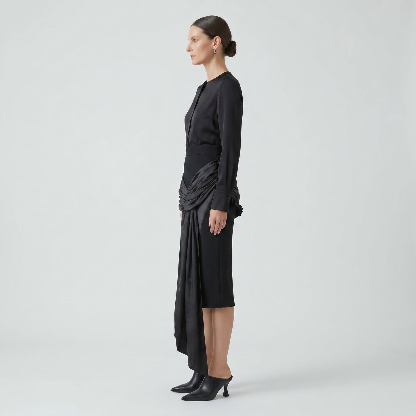 Sculptural Draped Black Midi Skirt