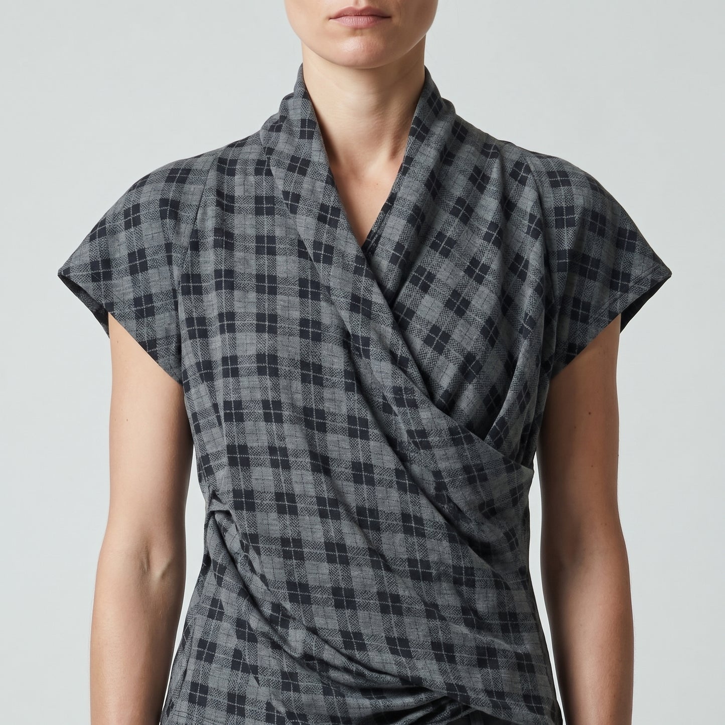 Grey Checked Draped Wrap Top