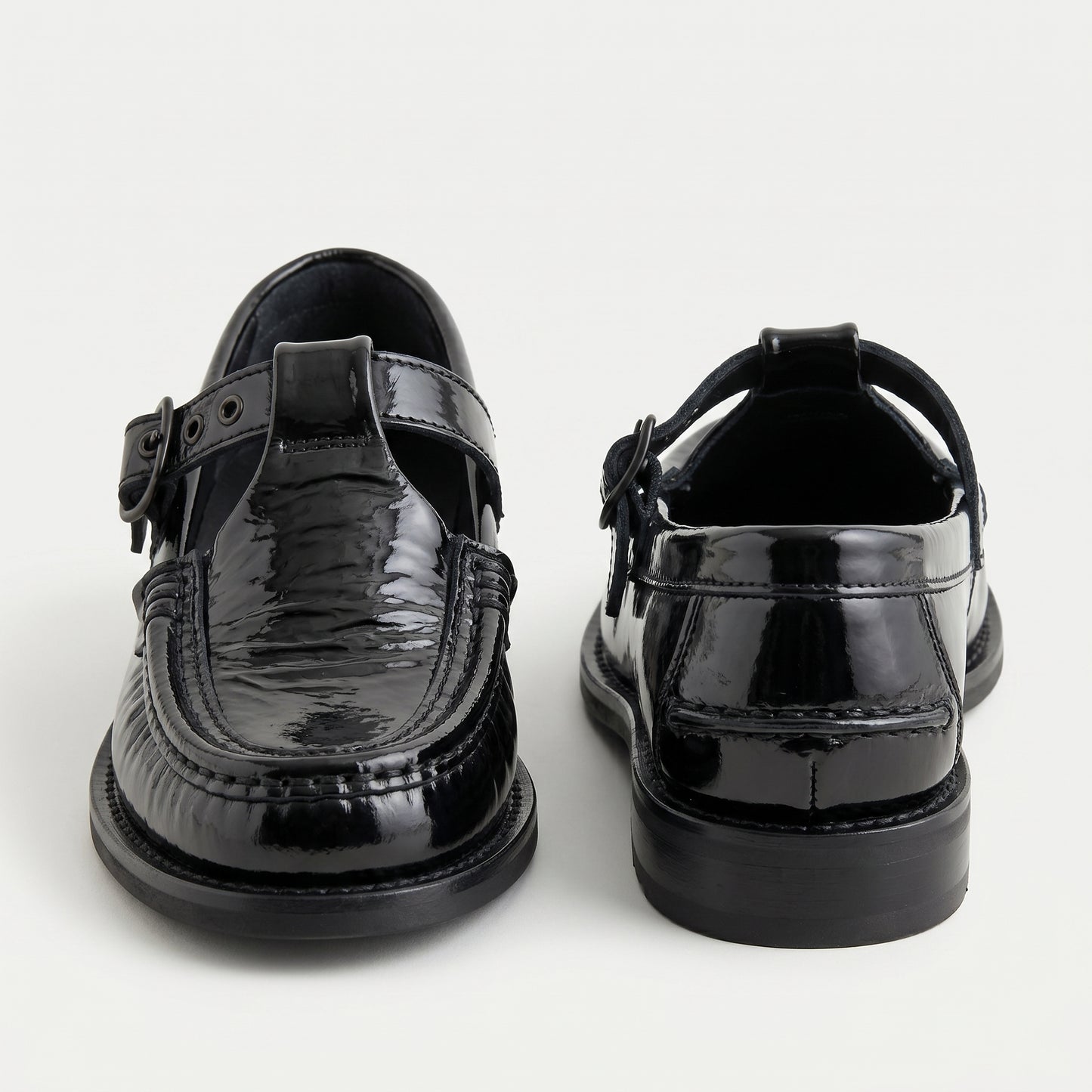 Crinkled Patent Leather T-Strap Shoes