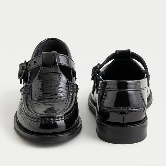 Crinkled Patent Leather T-Strap Shoes