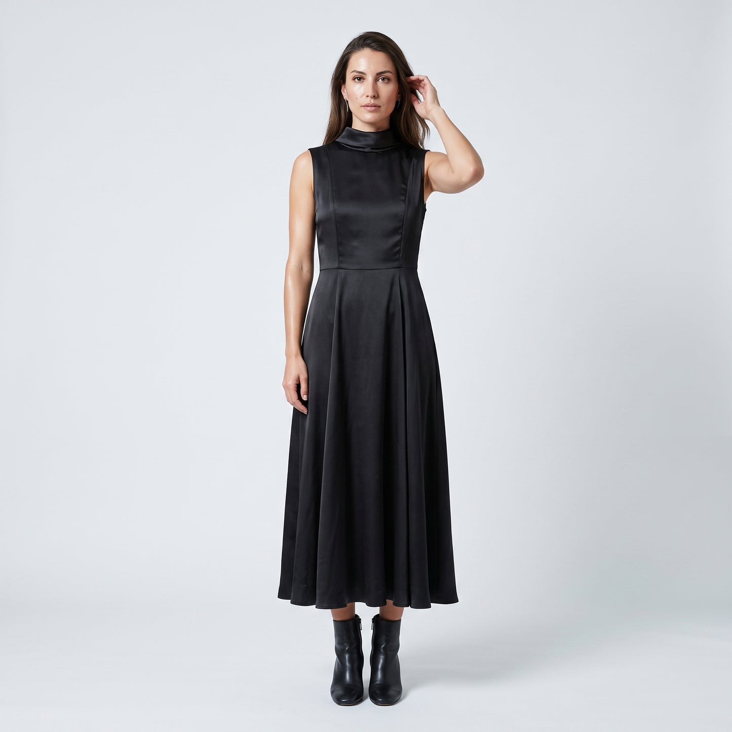 Sleeveless Satin Mock Neck Dress