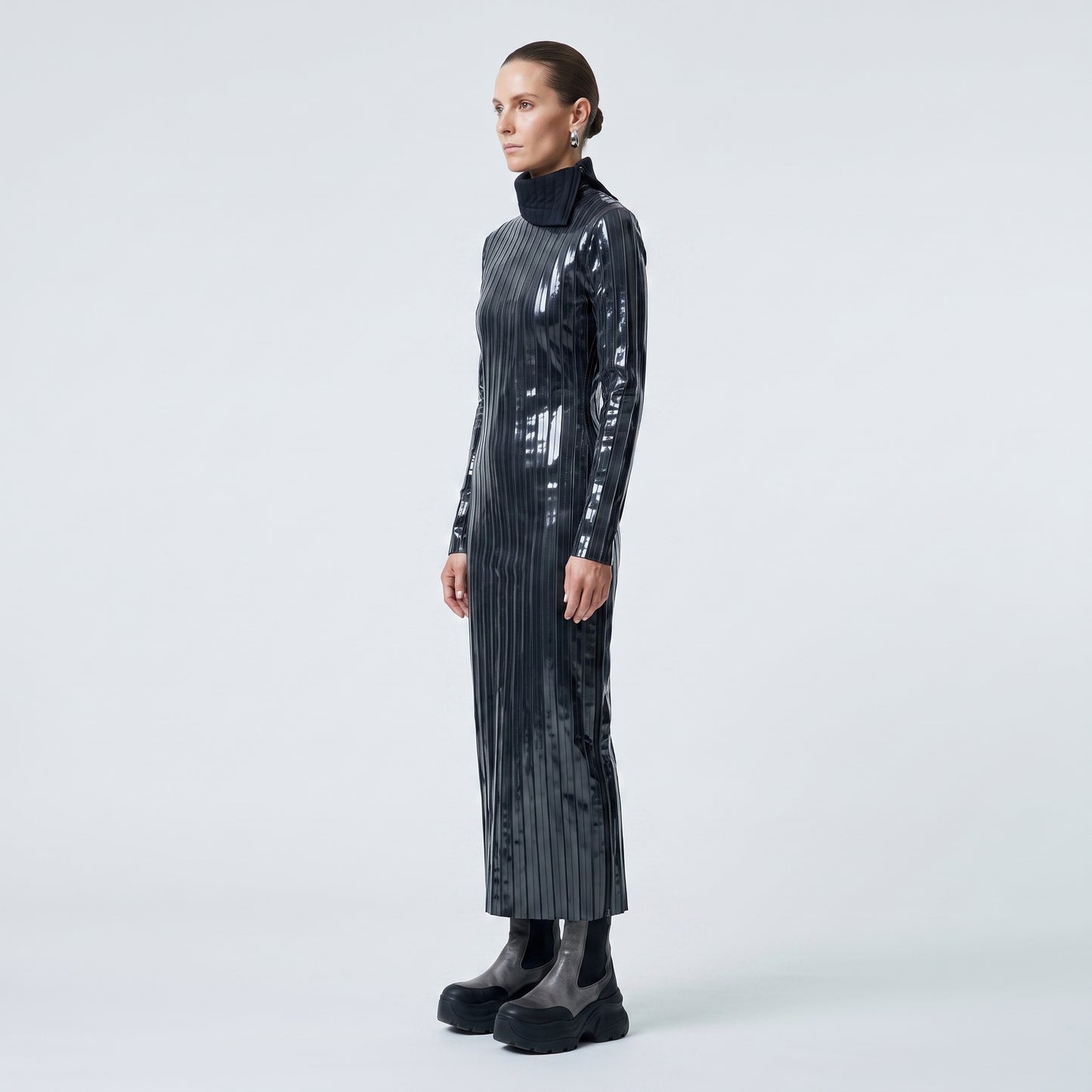 Glossy Pleated Turtleneck Midi Dress
