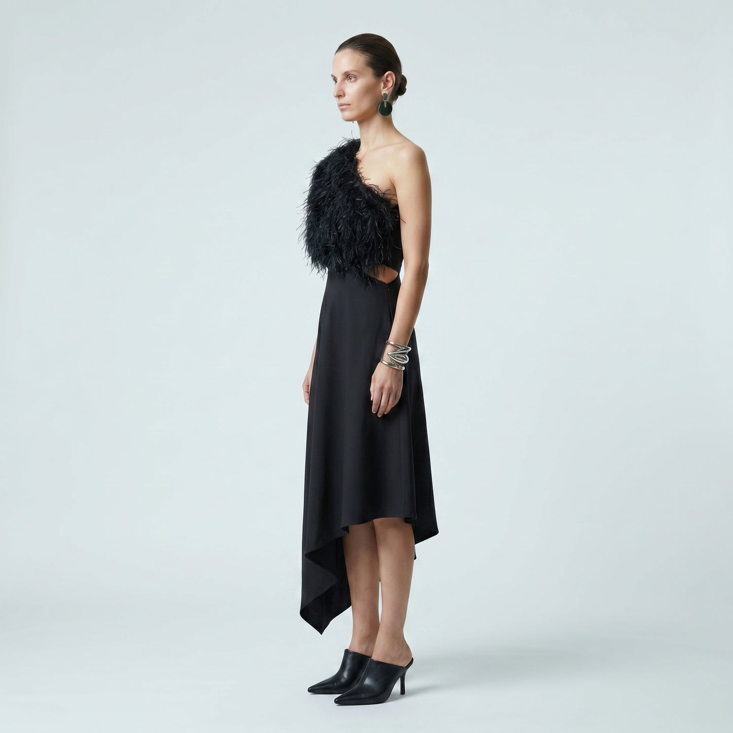 Asymmetric Feather One-Shoulder Dress