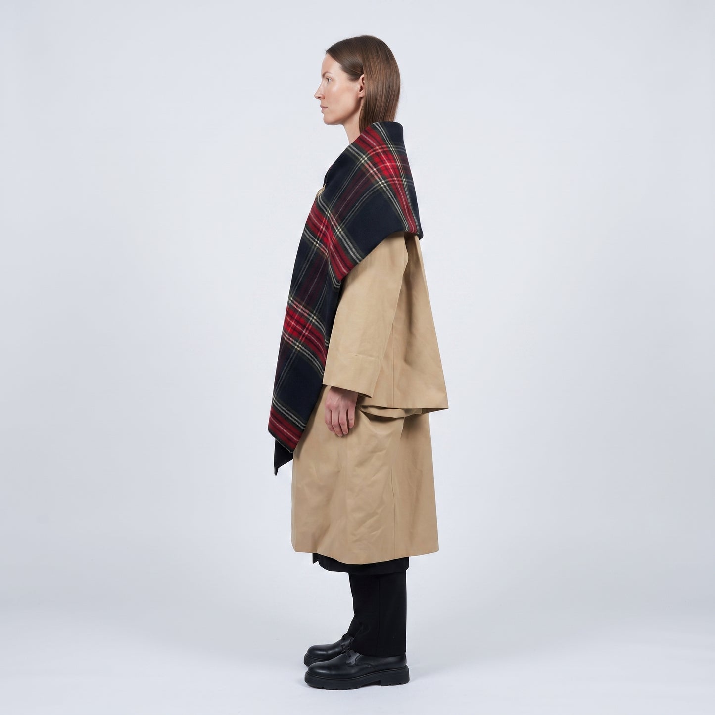 Tartan Paneled Beige Trench Coat