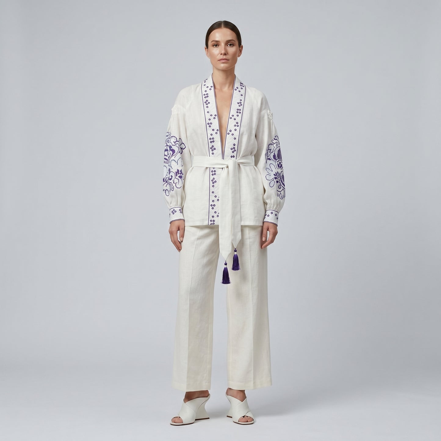 Embroidered Linen Wrap Top