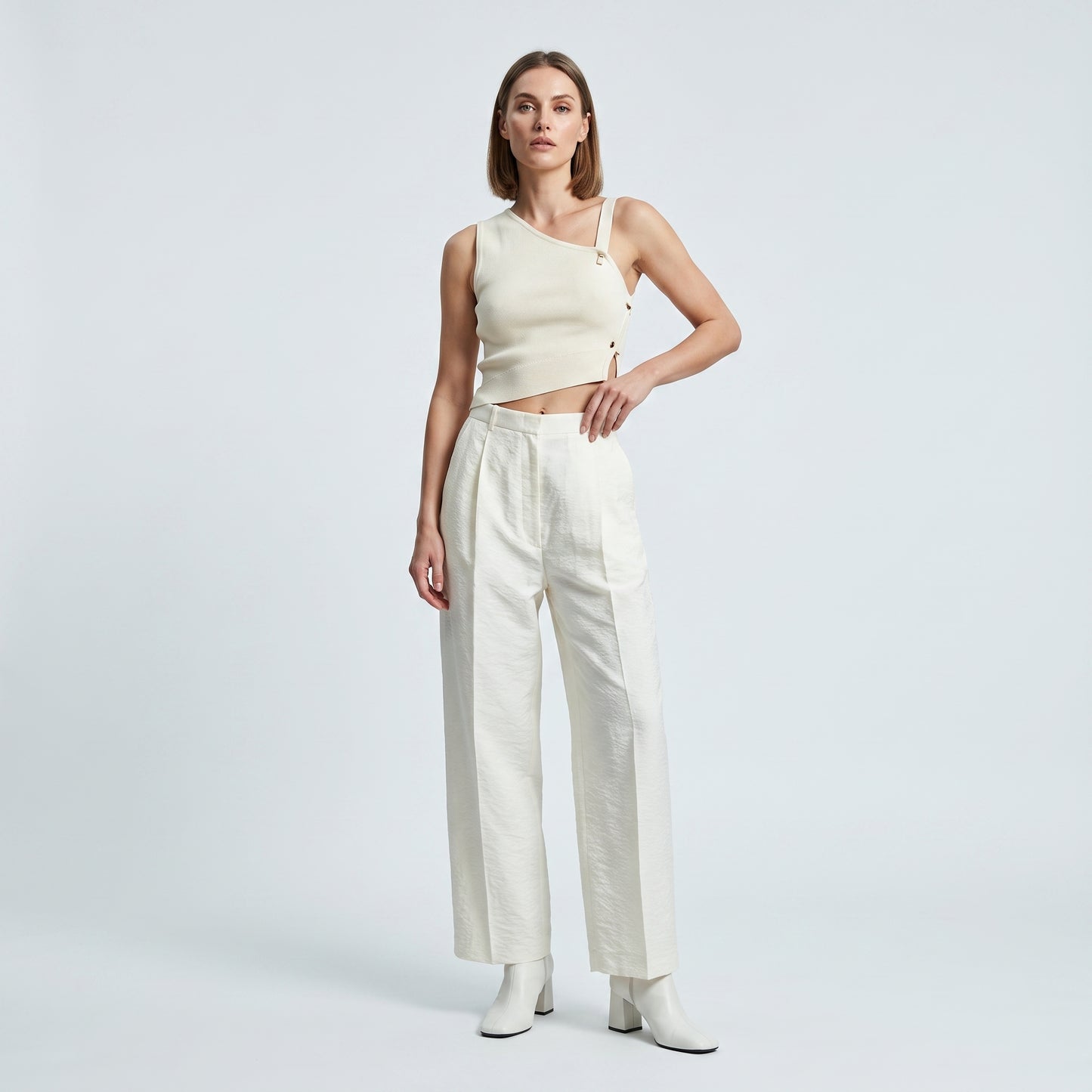 Tailored Cream Wide-Leg Trousers