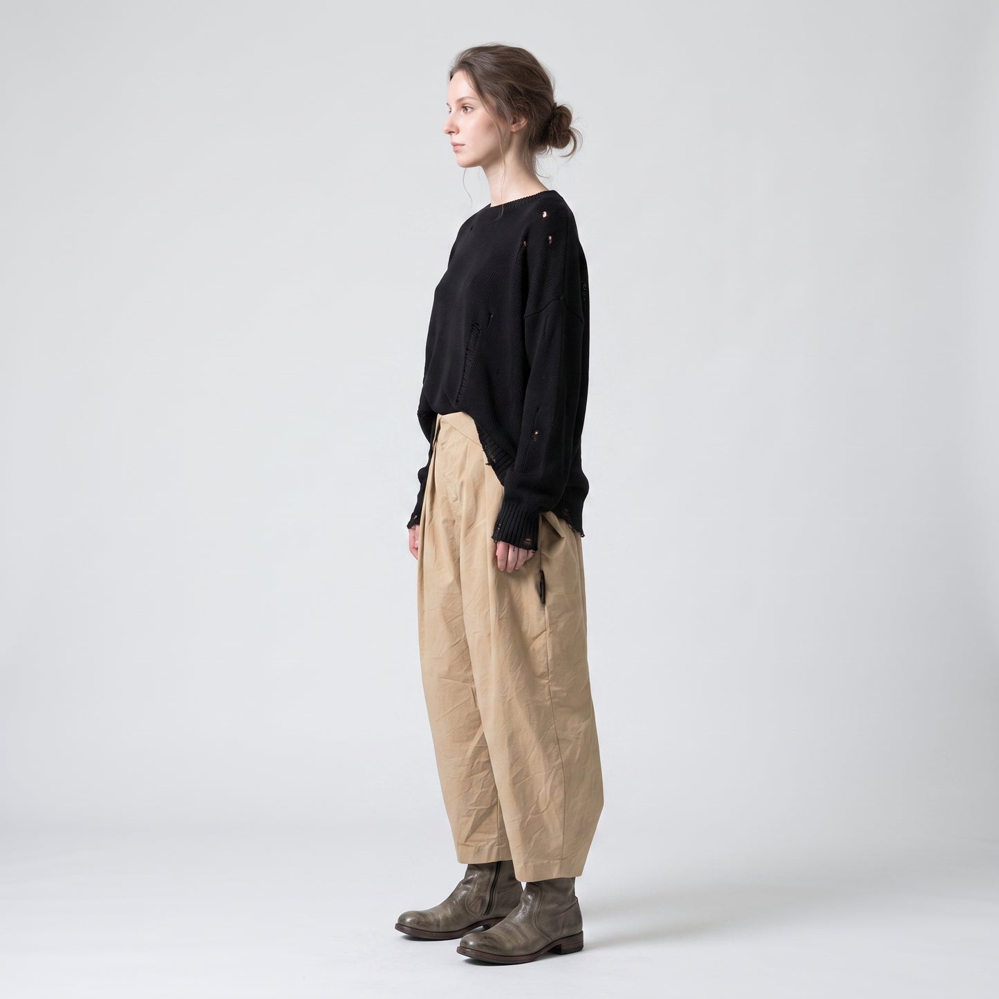 Pleated High-Waisted Beige Trousers