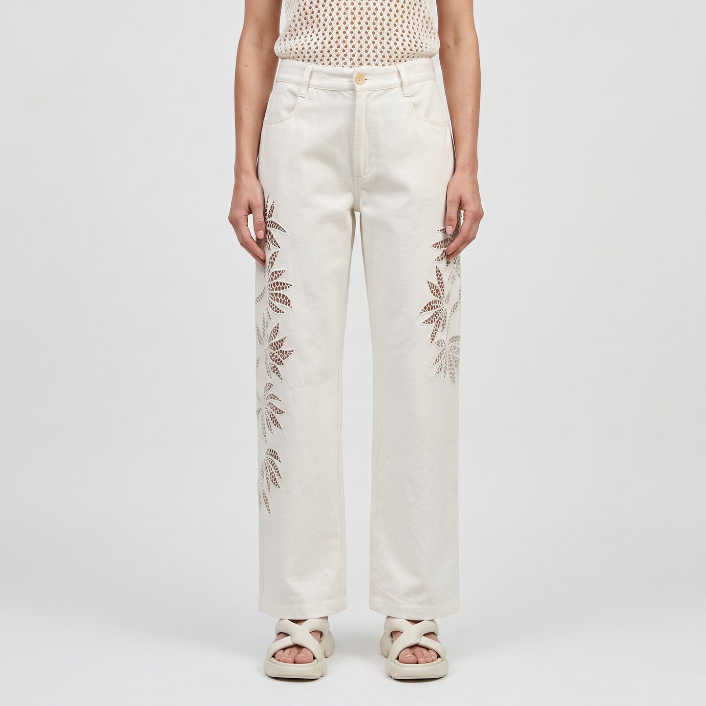 Floral Cutout White Denim Trousers