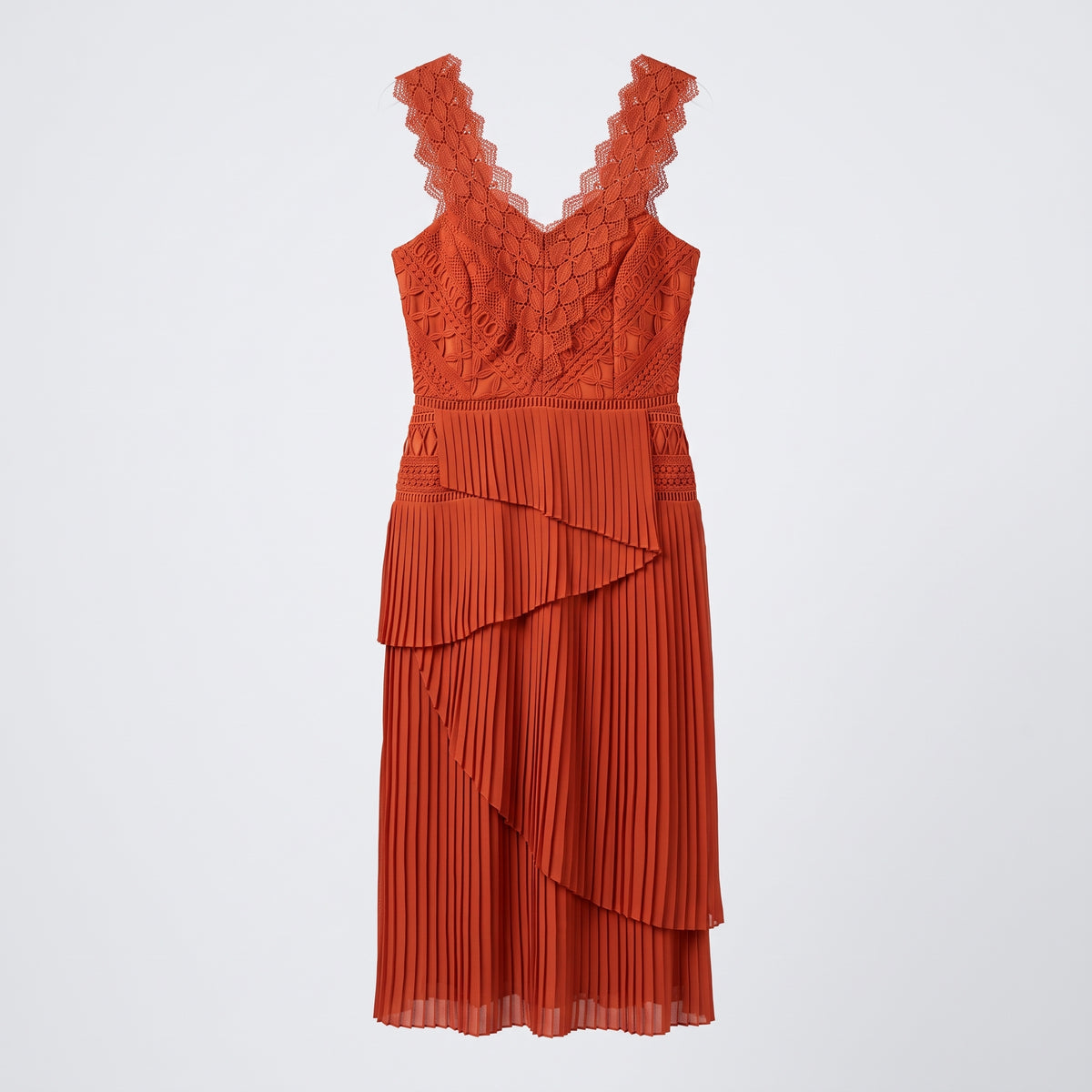 Rust Pleated Lace Midi Dress