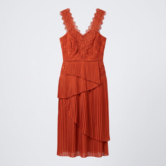 Rust Pleated Lace Midi Dress