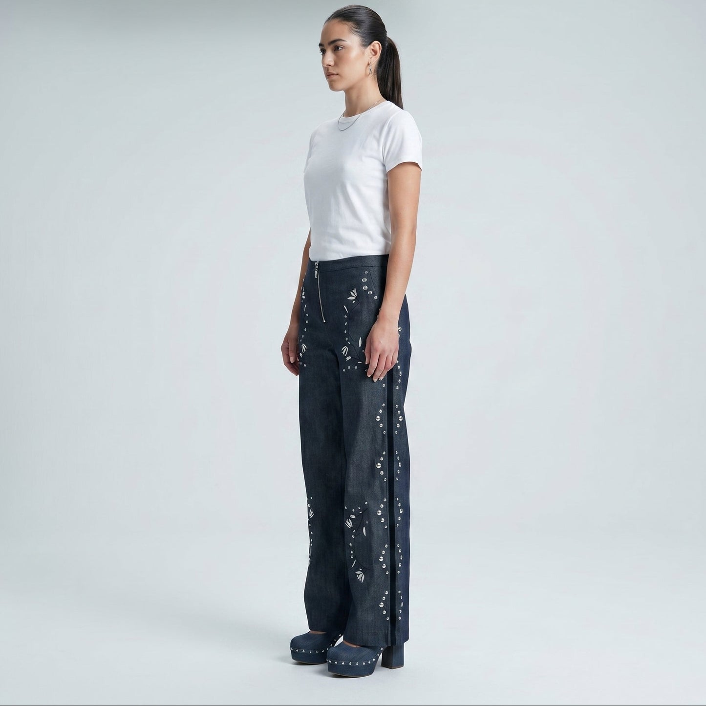 Embellished Floral Denim Trousers