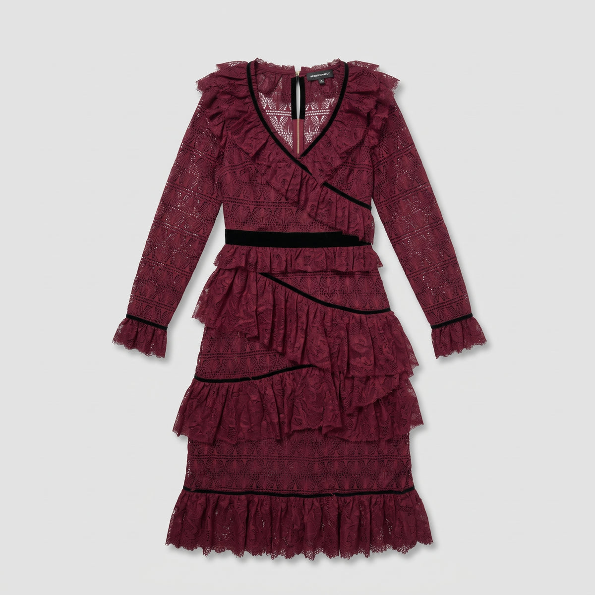 Burgundy Ruffled Lace Midi Dress