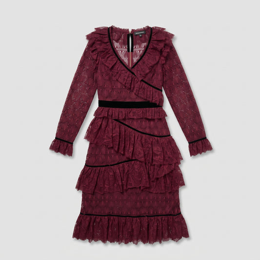 Burgundy Ruffled Lace Midi Dress