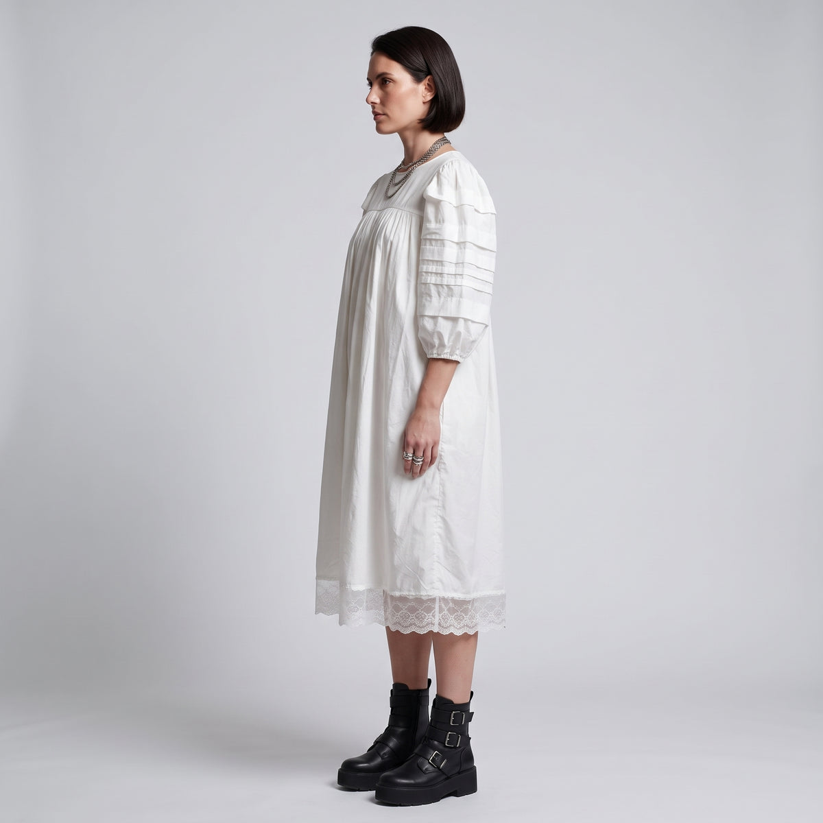 Pleated Sleeve Lace Hem Dress