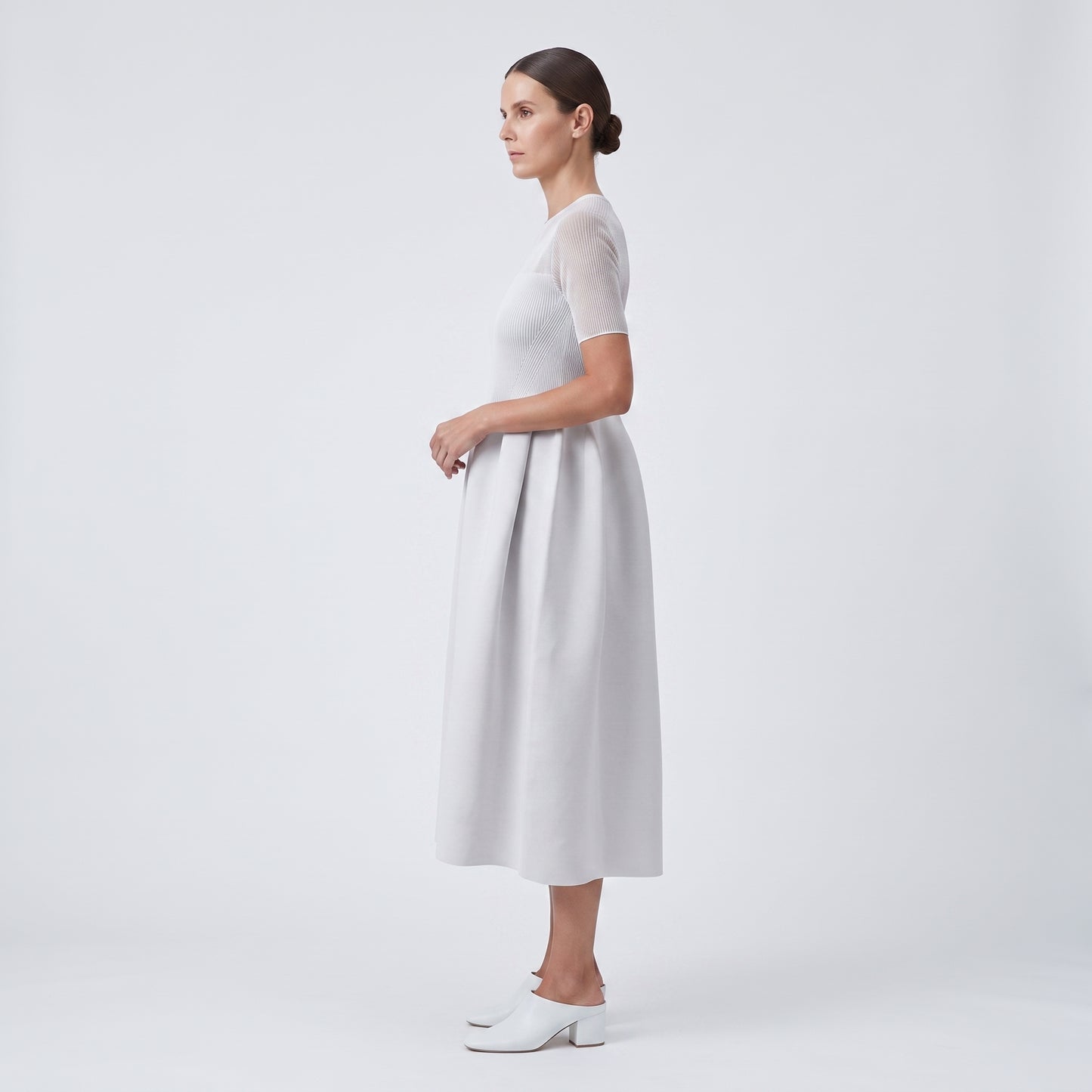 Pleated Ribbed Knit Midi Dress