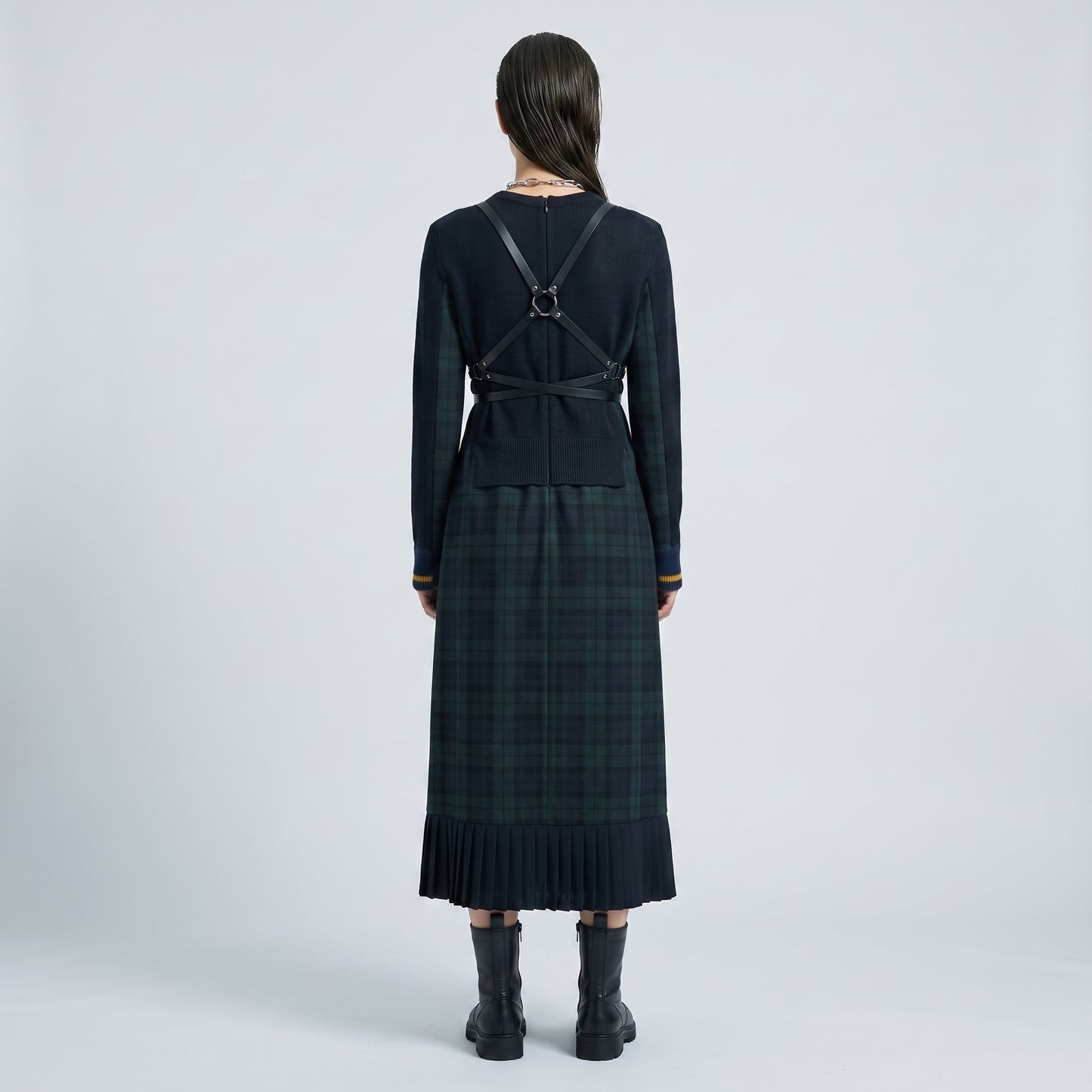 Tartan Paneled Pleated Midi Dress