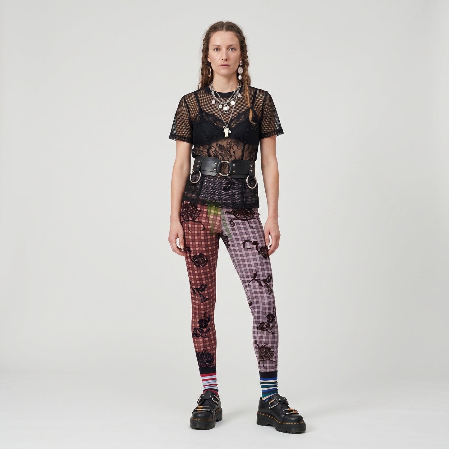Paneled Floral Plaid Leggings