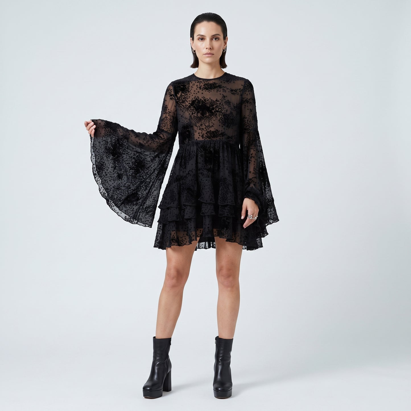 Black Sheer Tiered Mini Dress