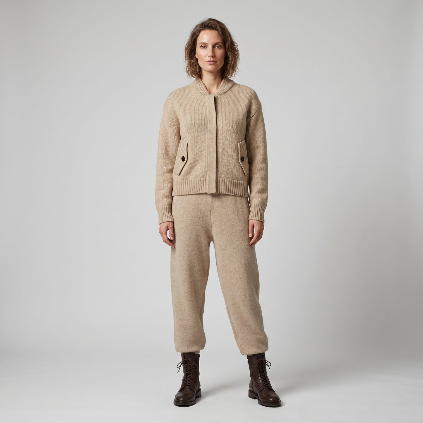 Beige Ribbed Knit Bomber Jacket