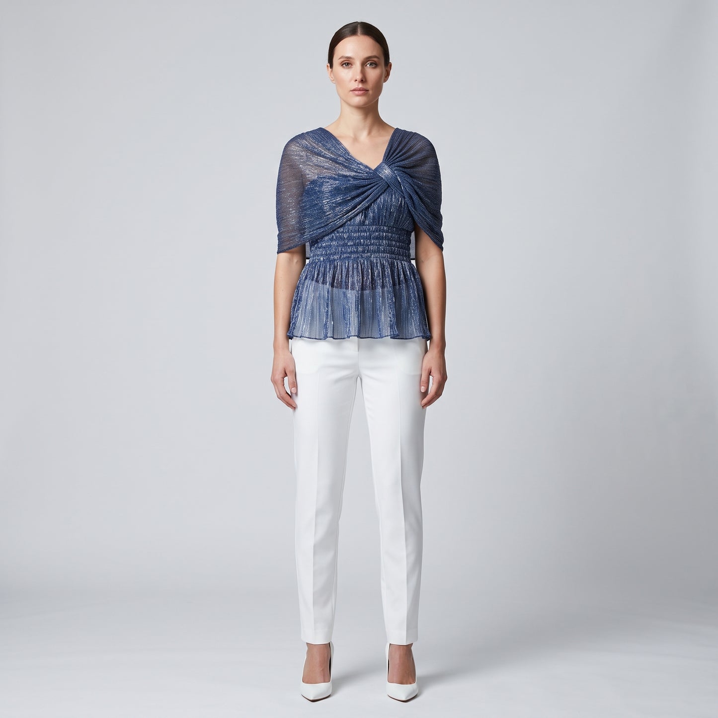 Metallic Ruched Peplum Evening Top