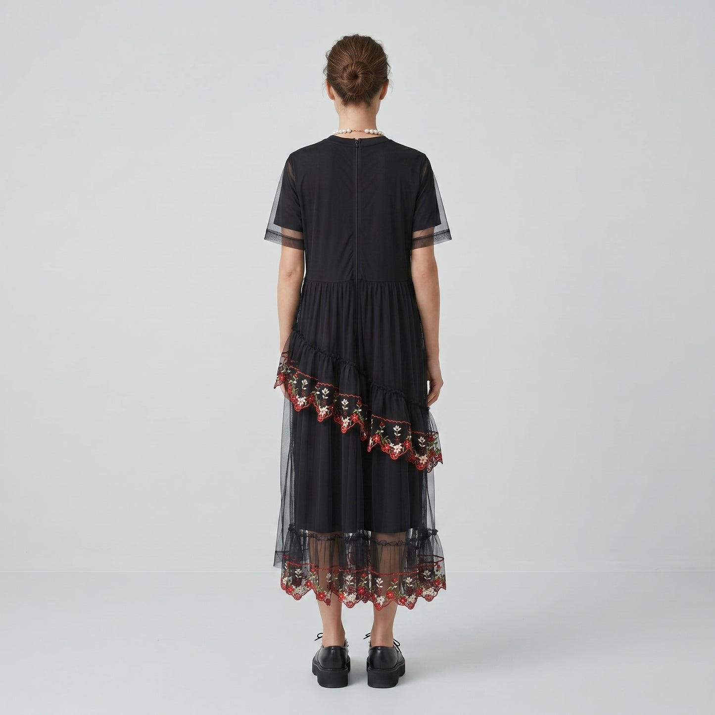 Embroidered Tulle Pearl Neck Dress