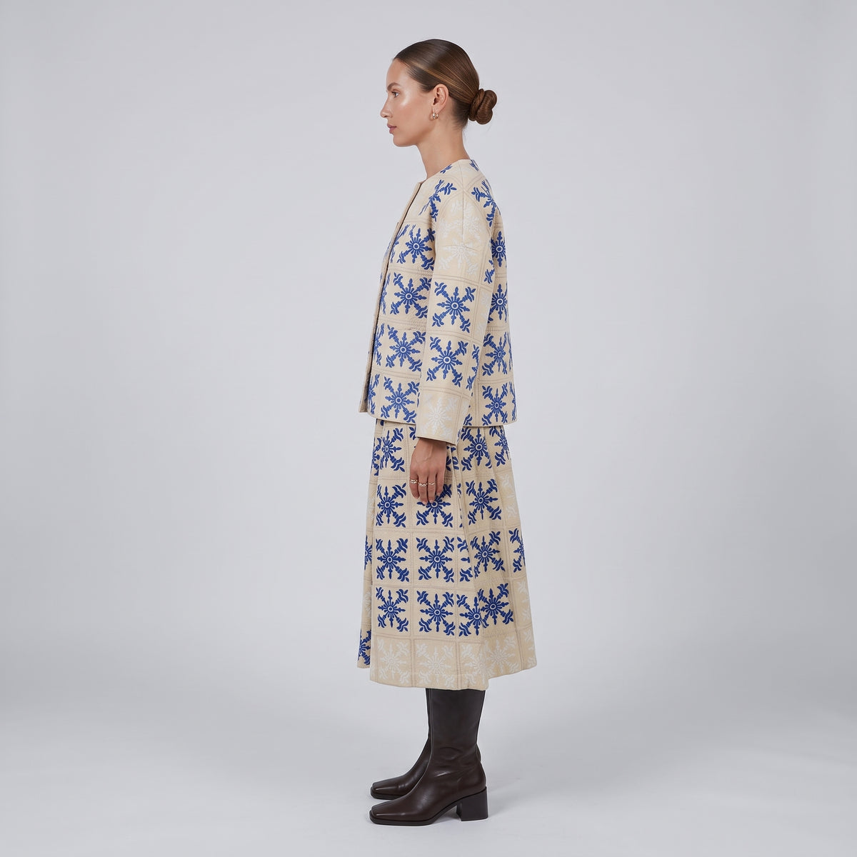 Embroidered Tile Print Midi Skirt