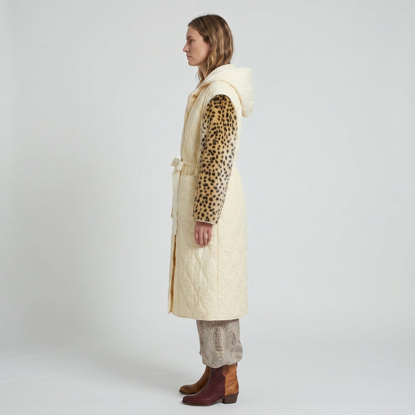 Quilted Leopard Sleeve Hooded Coat