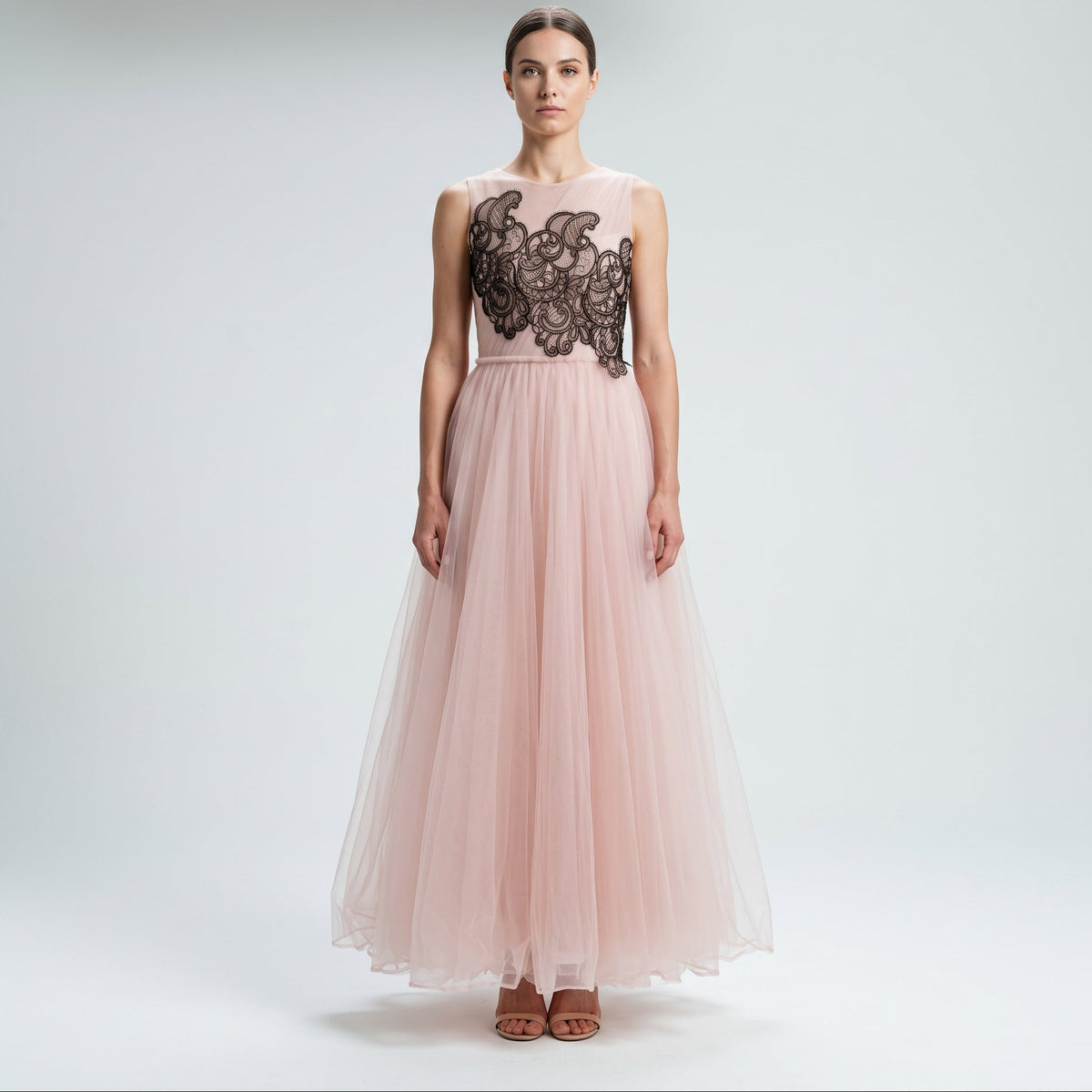 Embroidered Tulle Evening Gown