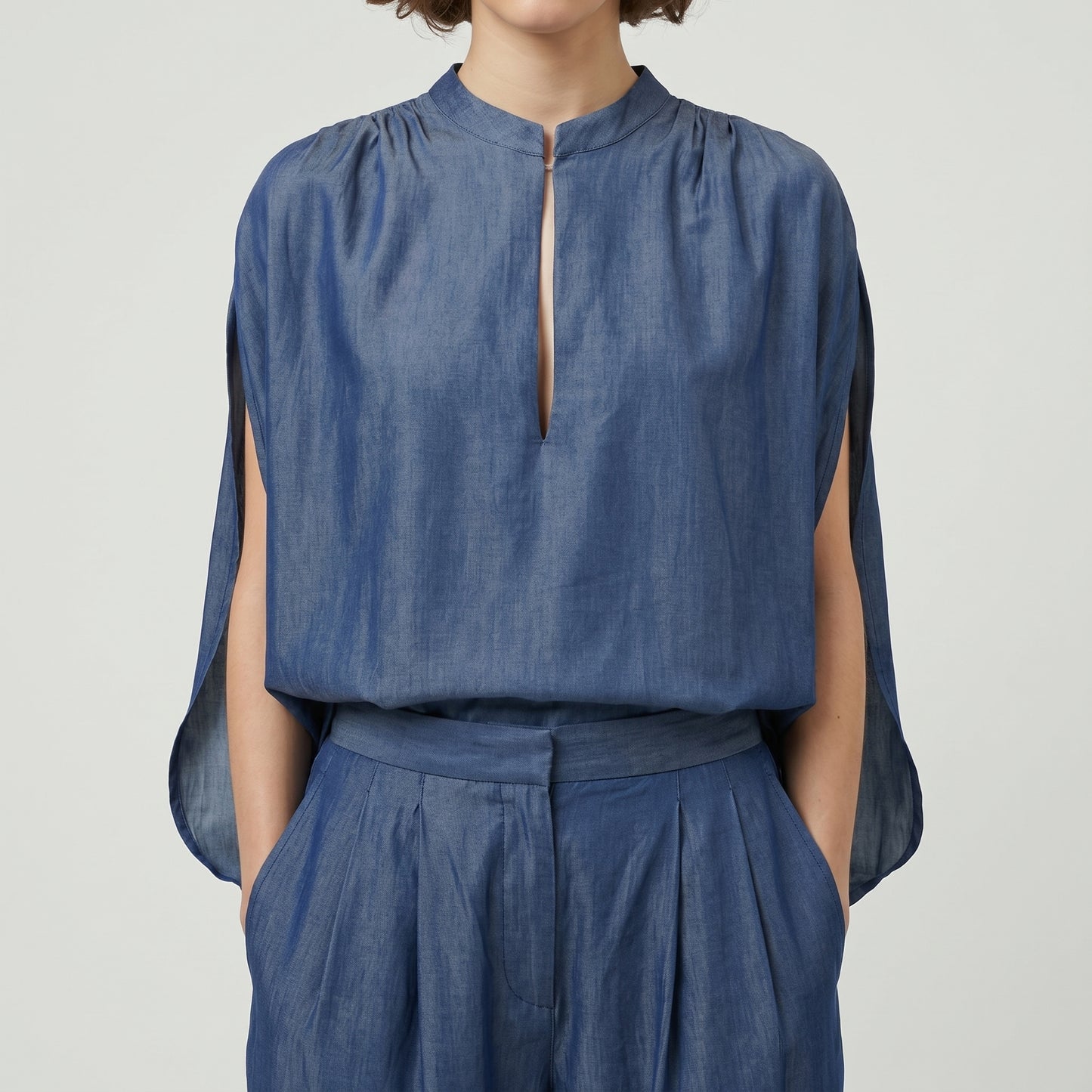 Sleeveless Denim Mandarin Collar Top