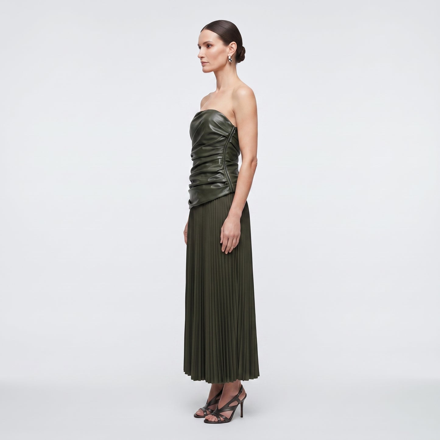 Ruched Faux Leather Pleated Dress
