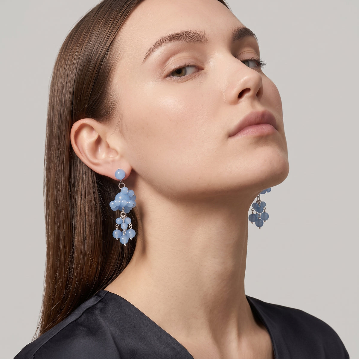 Blue Beaded Cluster Drop Earrings