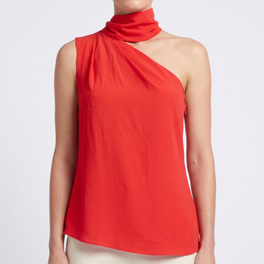 Asymmetric Mock Neck Red Top