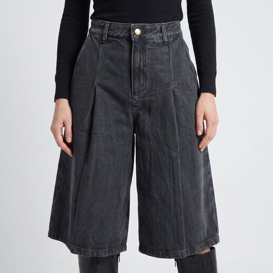 Pleated Black Denim Culottes