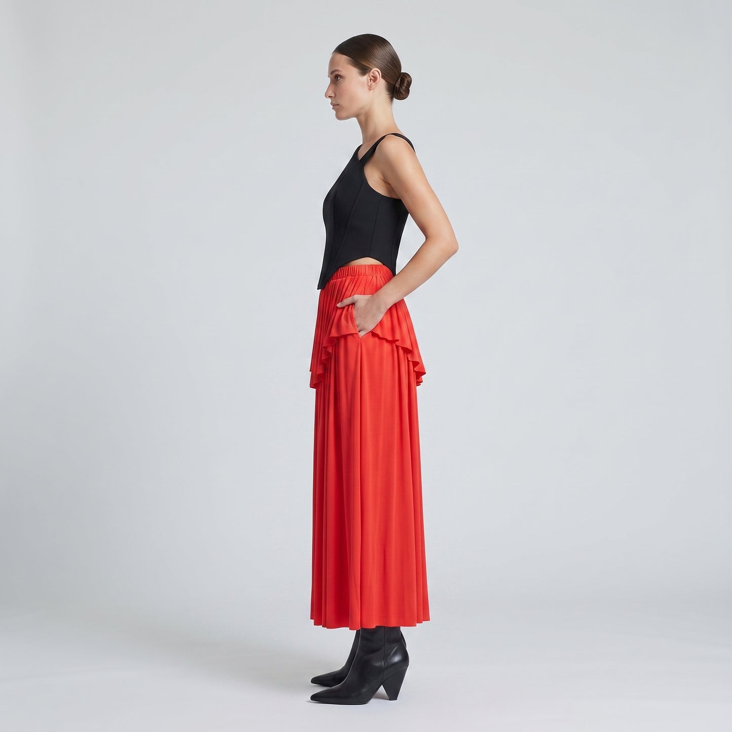 Red Pleated Ruffle Maxi Skirt