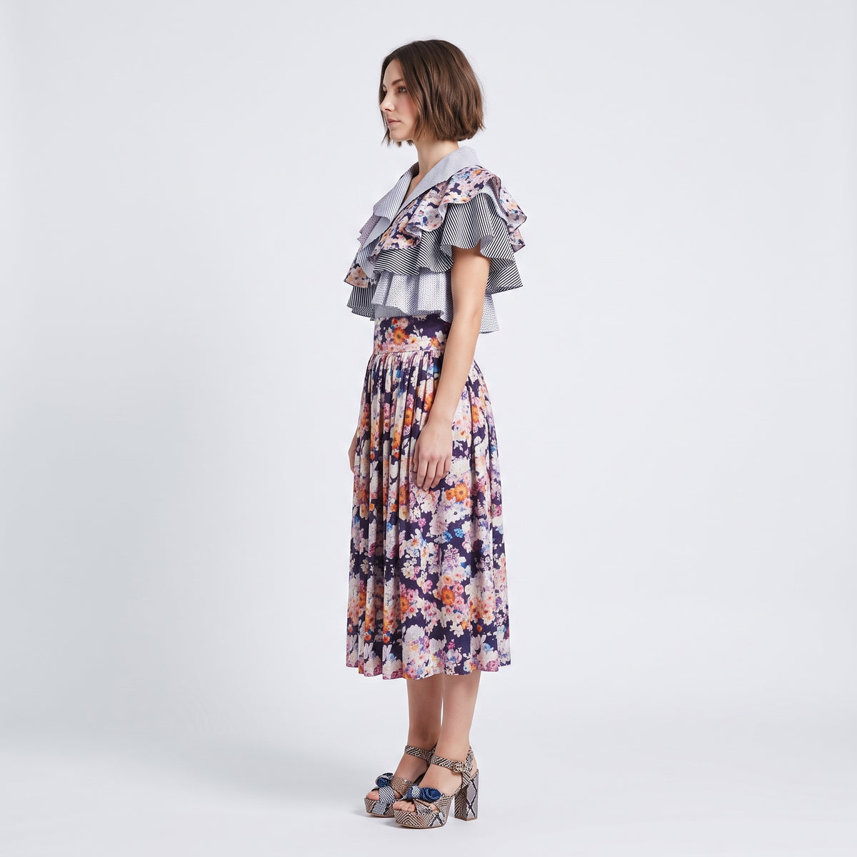Floral Print Pleated Midi Skirt