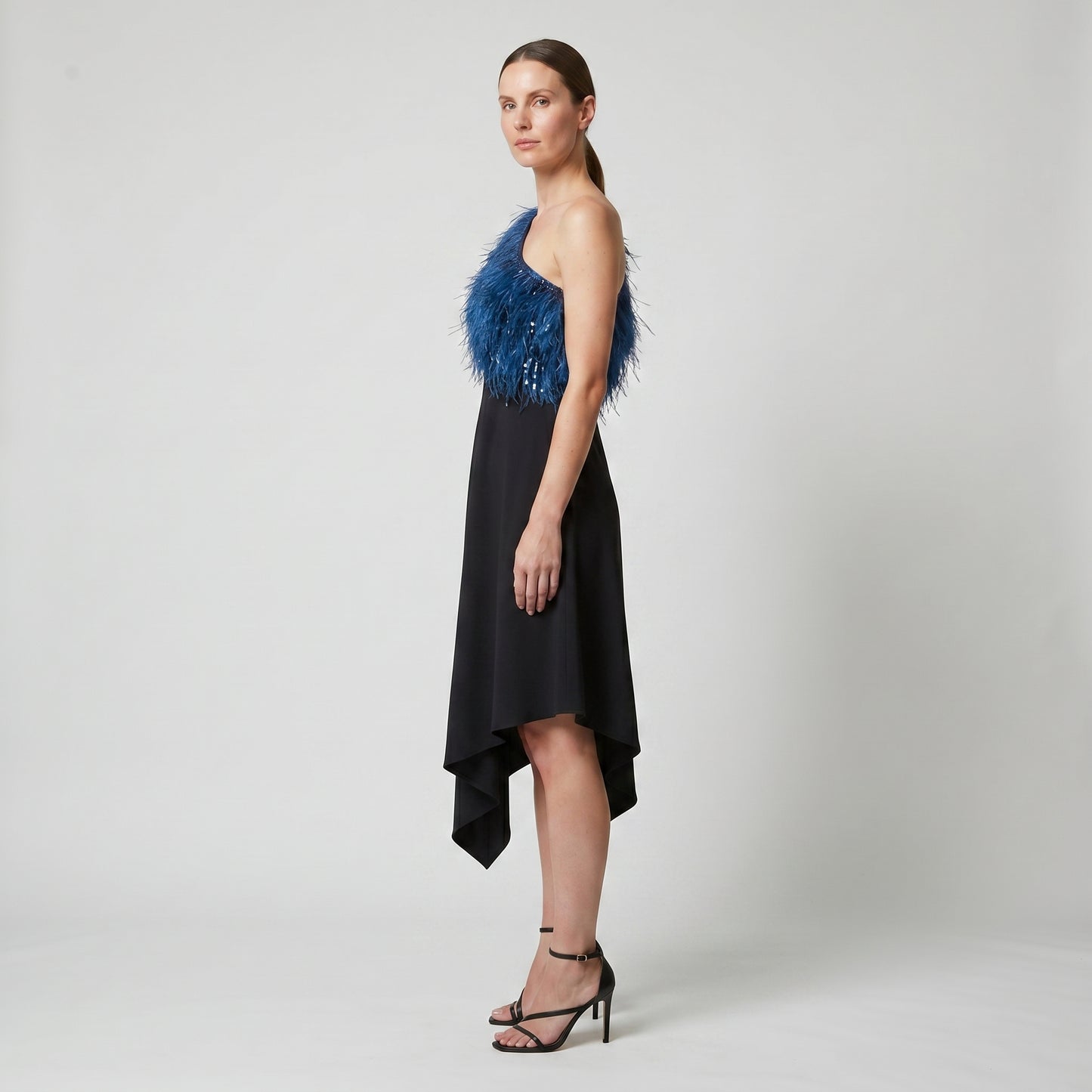 One-Shoulder Feather Asymmetric Dress