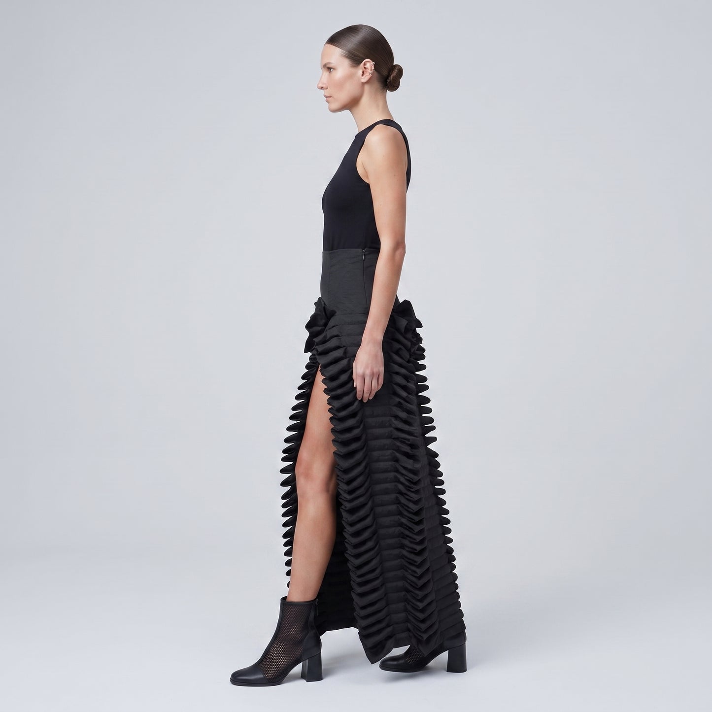 Ruffled High-Waisted Black Midi Skirt
