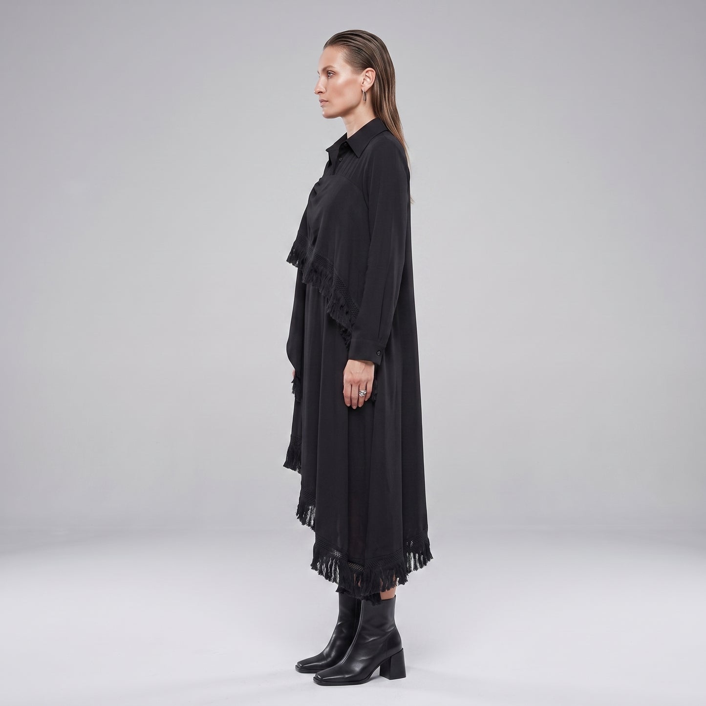 Fringed Asymmetric Black Dress
